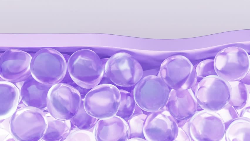 Essence penetrates deep skin cells, supports sagging skin, activates skin cell regeneration, eliminates facial wrinkles, purple background, concept skin care beauty. Cosmetic ads, 3D animation.