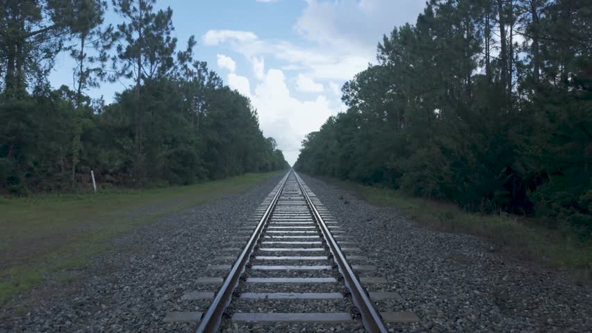 Forward motion shot along railroad tracks surrounded by dense green forest. Peaceful and cinematic with a strong vanishing point under a partly cloudy blue sky.