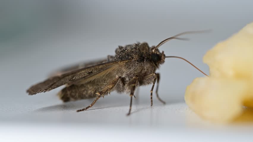 Detailed Close-Up of a Brown Moth. An extreme macro shot capturing a brown, fuzzy moth eating banana, in sharp details