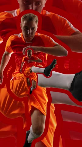 Stop motion. Animation. Male athlete in motion, in mid-kick against vibrant red background. Development of movement in strobo effect. Concept of healthy and active lifestyle, fitness, energy, dynamic