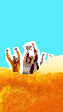Stop motion. Animation. Football fans in beer-wave raising hands in triumph against cyan background with ball. Trendy magazine style. Concept of International beer day, championship, celebration