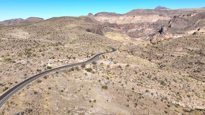 Aerial view of rugged desert landscape with majestic rock formations and canyons, Apache Junction, Pinal County, Arizona.