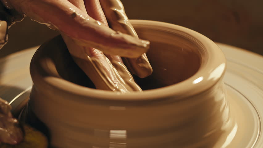 Woman potter works with clay on master class in studio. Working process in ceramic workshop. Potter making vase on pottery wheel. Handmade concept. 