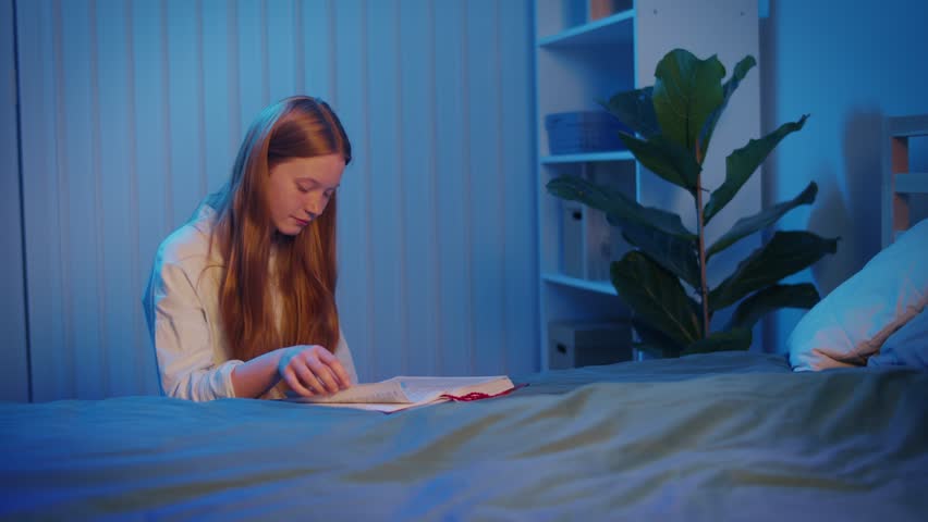 Young Woman Kneeling Beside Bed in Evening, Bible Open on Bed. Hands Folded in Prayer, Calm Atmosphere, Quiet Spiritual Moment of Reflection, Seeking God