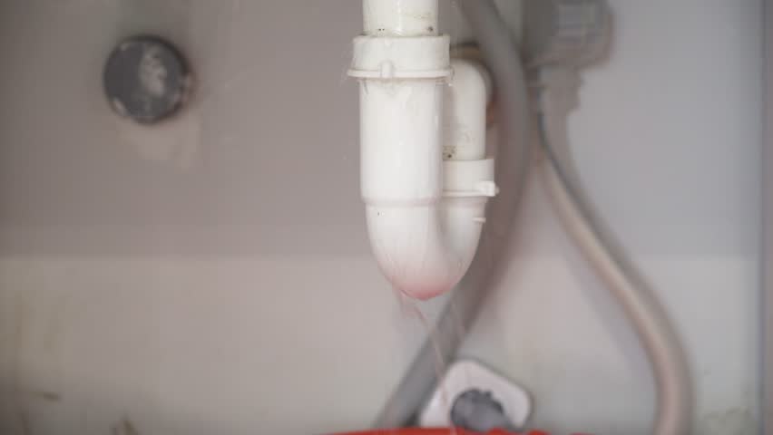 Broken Sink with Leaking Siphon in Kitchen Close-Up of Plumbing Problem and Water Damage