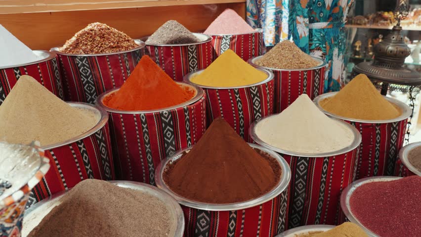 Different spices at display in shops of spices market Dubai United Arab Emirates