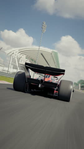 Dynamic high speed drone shot passing generic race cars racing along the homestretch over the finish line. High quality 3d animation