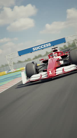 Close front view of a generic race car driving around a curve. Dynamic tracking shot. Multiple race cars. High quality 3d animation