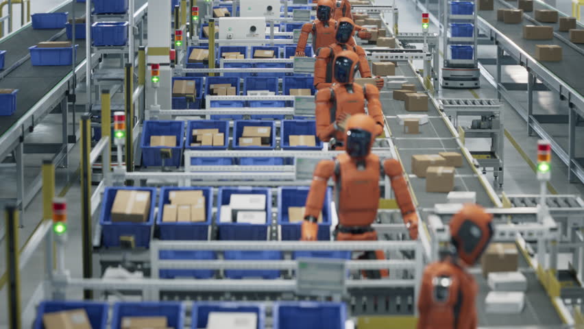 Row of Autonomous AI-Enabled Humanoid Robots Work at Fulfillment Center. Automated Warehouse or Logistics Center with Advanced General Purpose Humanoid Robots for Improved Efficiency