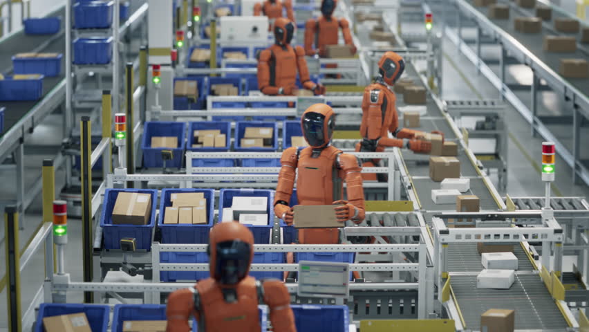 Row of Autonomous AI-Enabled Humanoid Robots Work at Fulfillment Center. Automated Warehouse or Logistics Center with Advanced General Purpose Humanoid Robots for Improved Efficiency