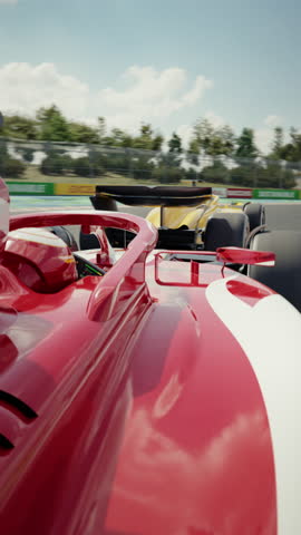 POV shot of a generic race car overtaking his opponent and taking the lead. Race car point of view. 3d animation rendering