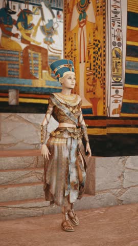 Queen Nefertiti in Tomb with old wall paintings in ancient Egypt. Historical 3d rendering animation.