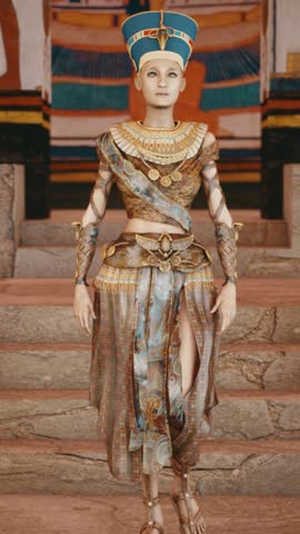 Queen Nefertiti in Tomb with old wall paintings in ancient Egypt. Historical 3d rendering animation.