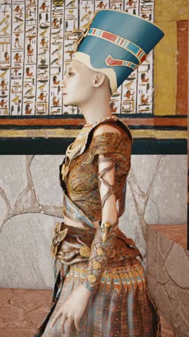 Queen Nefertiti in Tomb with old wall paintings in ancient Egypt. Historical 3d rendering animation.