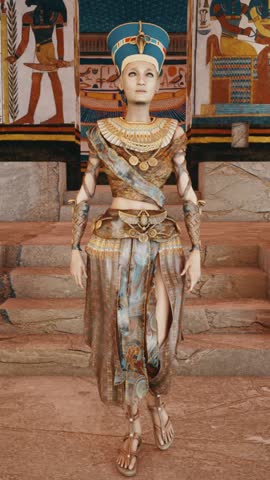 Queen Nefertiti in Tomb with old wall paintings in ancient Egypt. Historical 3d rendering animation.