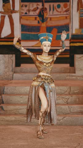 Queen Nefertiti in Tomb with old wall paintings in ancient Egypt. Historical 3d rendering animation.