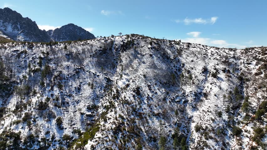 Aerial view of snow-capped Four Peaks in the serene Tonto National Forest, Mazatzal Mountains, Apache Junction, Arizona, United States.