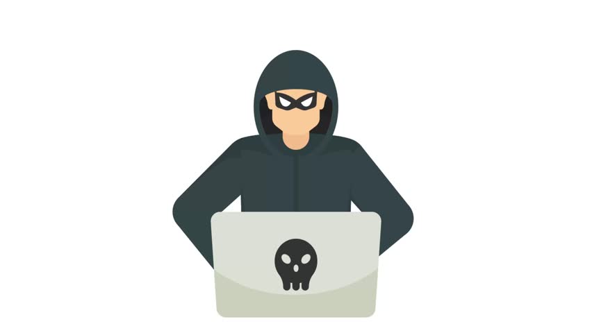 Malicious hacker exploiting system for personal gain animation, Skull and crossbones on laptop screen animated video, White Collar Crime Clip, Computer crime footage, security breakers motion graphics