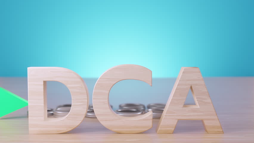 A 3D rendering shows the wooden letters DCA, representing Dollar-Cost Averaging, with stacks of silver coins and a rising green arrow symbolizing growth and investment strategy.