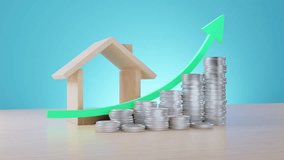 A visual representation of real estate investment growth featuring a wooden house model, stacks of silver coins, and a large green arrow pointing upward on a wooden surface. - Powered by Shutterstock - Get 15% off with code: PIKWIZARD15