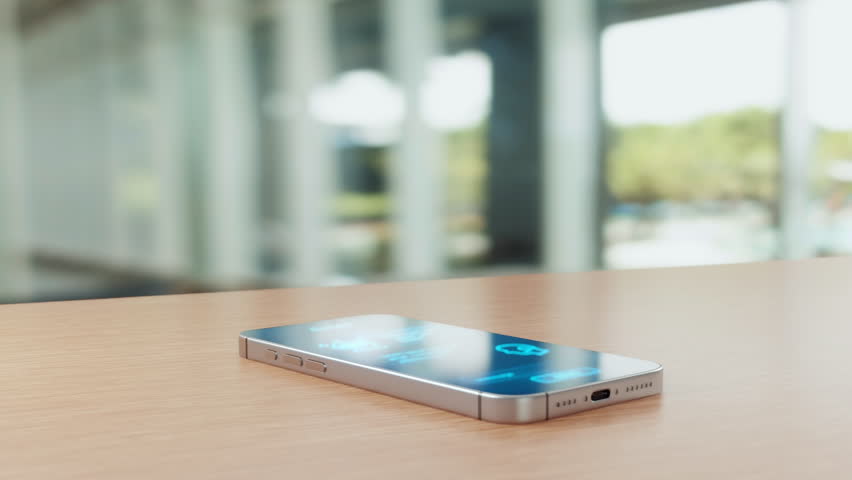 A smartphone on a table projects a futuristic holographic interface showing AI chat bubbles and icons for artificial intelligence conversation.