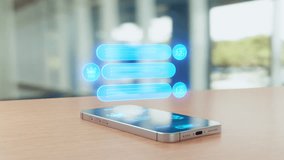 A smartphone on a table projects a futuristic holographic interface showing AI chat bubbles and icons for artificial intelligence conversation. - Powered by Shutterstock - Get 15% off with code: PIKWIZARD15