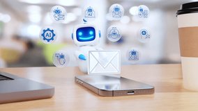 Cute AI robot character processes and manages emails surrounded by digital icons on a desk with modern devices. Concept of automated email sorting and communication. - Powered by Shutterstock - Get 15% off with code: PIKWIZARD15