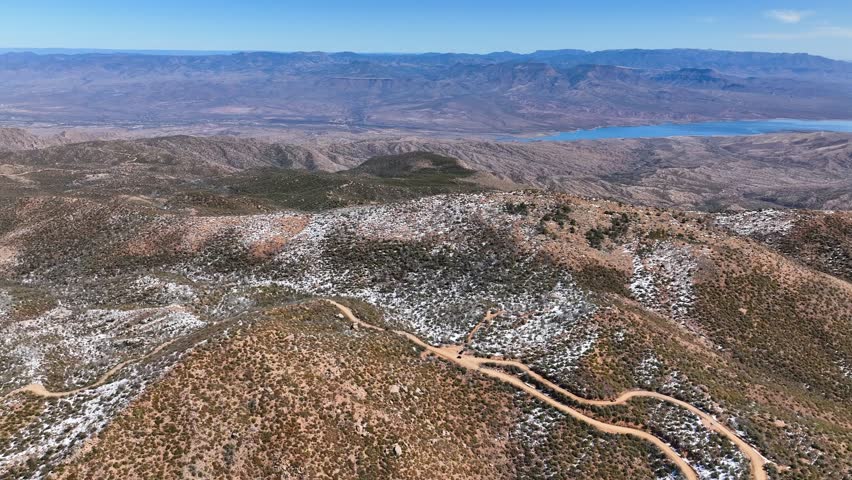 Aerial view of breathtaking Four Peaks in Tonto National Forest with rugged terrain and vast open space, Apache Junction, Arizona, United States.