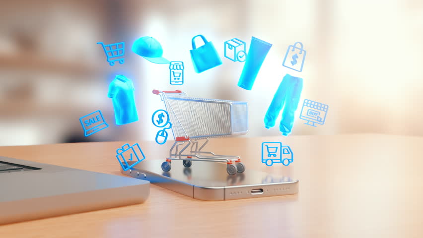 showing a mobile phone and laptop on a desk with a shopping cart and holographic e-commerce icons like clothing, delivery truck, sale, and product packaging floating above the phone