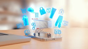 showing a mobile phone and laptop on a desk with a shopping cart and holographic e-commerce icons like clothing, delivery truck, sale, and product packaging floating above the phone - Powered by Shutterstock - Get 15% off with code: PIKWIZARD15
