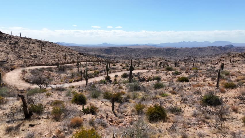 Aerial view of rugged Four Peaks in Tonto National Forest with cacti and vast desert landscape, Apache Junction, Arizona, United States.