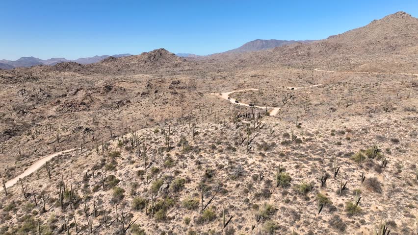 Aerial view of Four Peaks in the Tonto National Forest with rugged mountains and a vast desert landscape, Apache Junction, Arizona, United States.