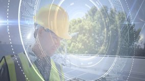 Solar technician typing laptop checking output, shifting to panel inspection with animated graphs. Renewable, sustainable, innovation, engineering, technology, energy, eco-friendly - Powered by Shutterstock - Get 15% off with code: PIKWIZARD15