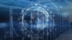 Rack row shot initiating holographic globe rotating, adding nodes and showing data connectivity. Technology, connectivity, innovation, digital, networking, futuristic, data - Powered by Shutterstock - Get 15% off with code: PIKWIZARD15