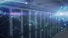 Server cabinets receiving network overlay visualizing data flow while camera panning toward chair. Technology, digital, connectivity, infrastructure, modern, futuristic, data - Powered by Shutterstock - Get 15% off with code: PIKWIZARD15