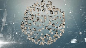 Upon startup, portrait icons floating in tech scene clustering into sphere showing analysis labels. Digital, futuristic, data visualization, analytics, network, technology, interface - Powered by Shutterstock - Get 15% off with code: PIKWIZARD15