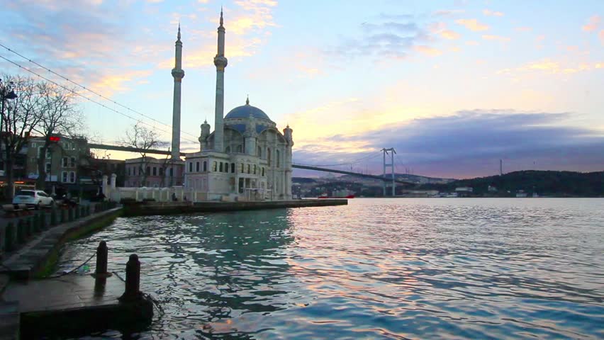 Stunning Istanbul Mosque at Sunrise by the Bosphorus. A hd video of a mosque at dawn, situated on the waterfront of the Bosphorus in Istanbul Ortakoy. Turkey symbol tourism best touristic location 