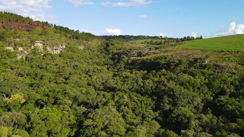 Aerial landscape of canyons, waterfall, mountains in Sao Jorge in Ponta Grossa in Paraná in Brazil