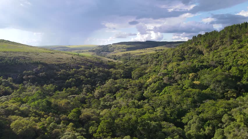 Aerial landscape of canyons, waterfall, mountains in Sao Jorge in Ponta Grossa in Paraná in Brazil
