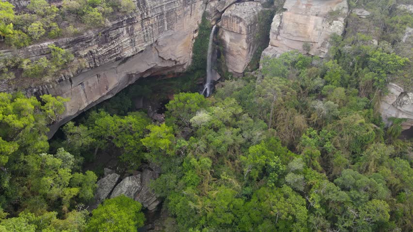 Aerial landscape of canyons, waterfall, mountains in Sao Jorge in Ponta Grossa in Paraná in Brazil