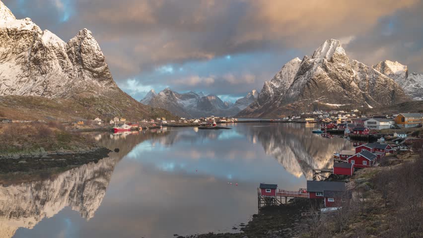 Timelapse of Reine Lofoten Islands Norway at sunrise in winter
