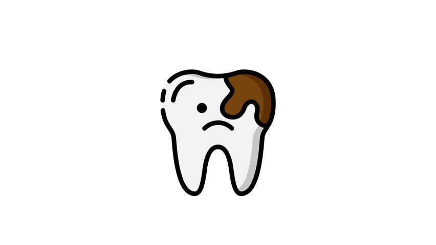 animated graphic icon of a sad, decayed tooth, symbolizing dental problems, cavities, and the need for immediate dental care. Alpha channel transparent background