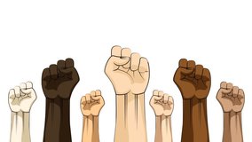 Raised fist hands with diverse skin tones animation on white background and green screen. 4K animated for motion graphics, protest themes, campaign visuals, social videos, and visual storytelling. - Powered by Shutterstock - Get 15% off with code: PIKWIZARD15