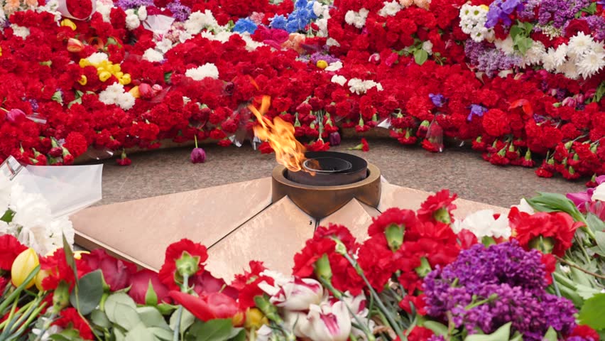 The Victory Monument and the eternal flame with carnations, a symbol of victory over fascism and May 9. Russia.