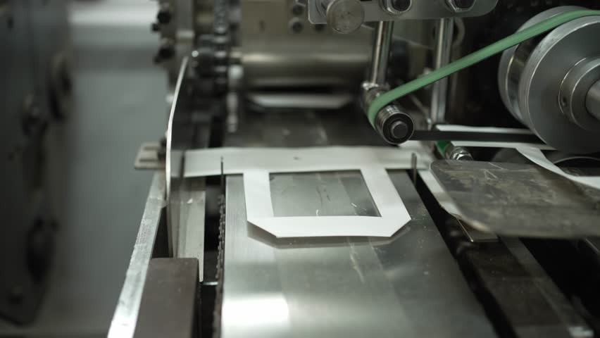 Close-up of an industrial machine for cutting paper sheets. Concept of production process.