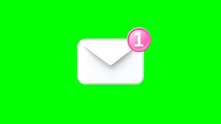 one New email message received Notification envelope sign with animated inbox counter, 1 text or SMS alert icon pop up animation on green screen isolated background, Online communication concept