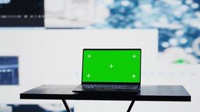 Laptop running isolated mockup screen next to AI neural networks system, used for practicing deep learning and cloud computing. Tech implementing artificial intelligence brain. Camera A. - Powered by Shutterstock - Get 15% off with code: PIKWIZARD15