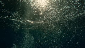 Many air bubbles rising to the surface of the water illuminated by morning light in the backlighting. Natural underwater background with bubbles in the sun backlit at sunrise - Powered by Shutterstock - Get 15% off with code: PIKWIZARD15