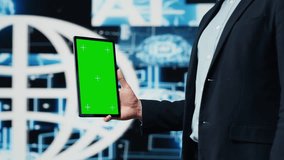 Professional man ensures artificial intelligence algorithms with mockup screen, working with AI brain system for deep learning. Looks at neural networks data processing. Camera A. - Powered by Shutterstock - Get 15% off with code: PIKWIZARD15