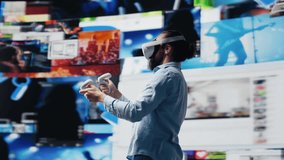 Modern cool man uses virtual reality glasses for a 3d web connection, vr simulation showcasing innovation for social media engagement. Working on visual storytelling on the feed. Camera A. - Powered by Shutterstock - Get 15% off with code: PIKWIZARD15